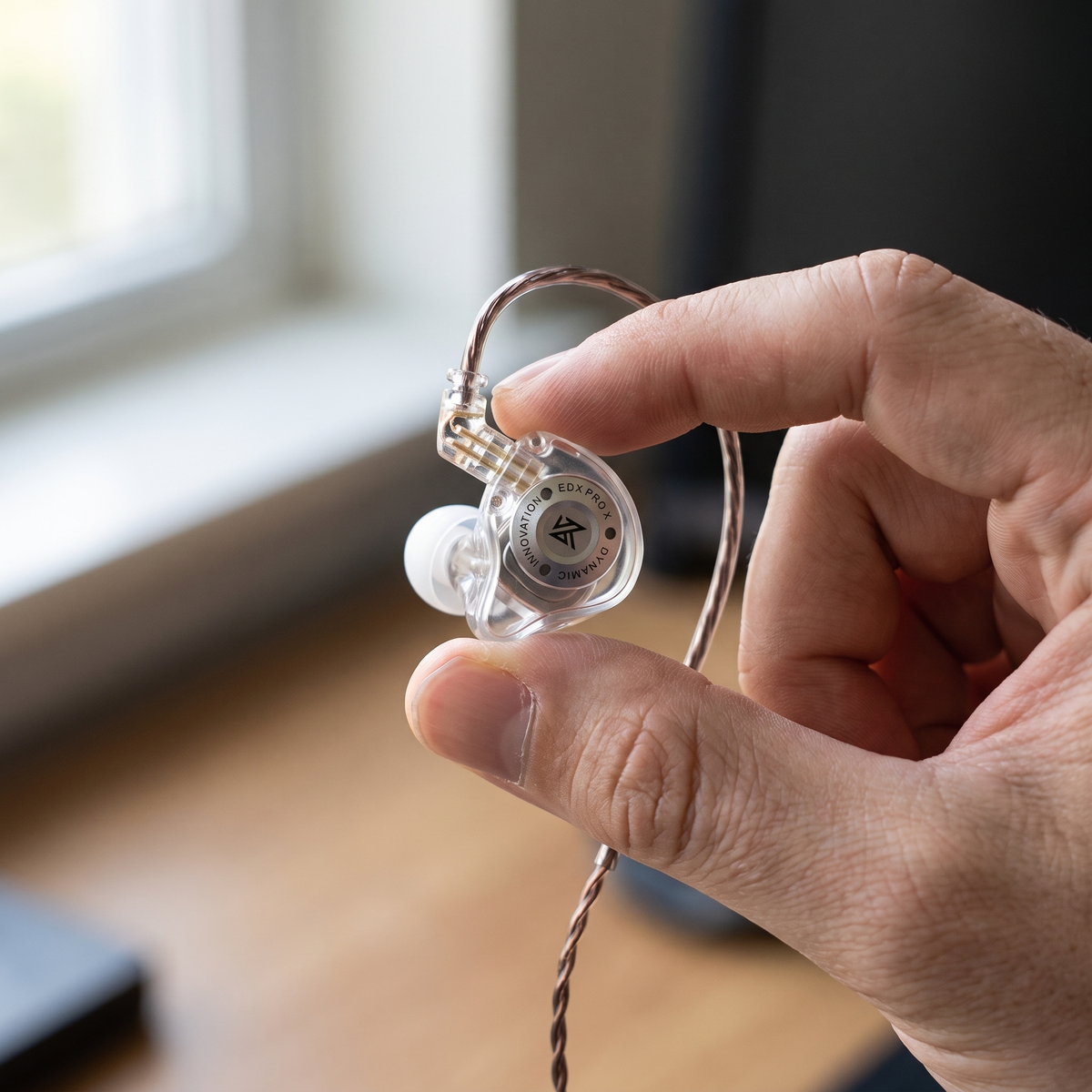 A close-up of a hand holding a transparent in-ear monitor earpiece with a braided copper cable, set against a softly blurred indoor background near a window.
